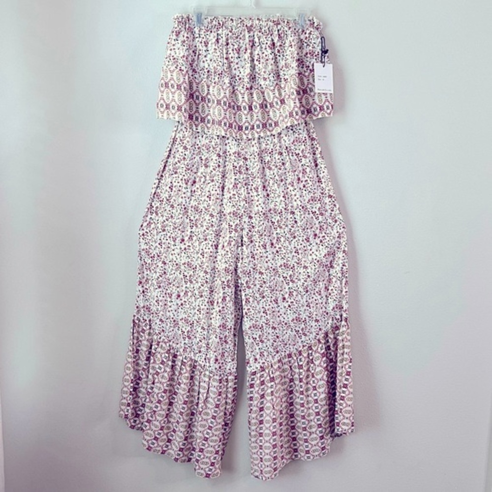 Japna Wide Leg Romper Floral Flare Strapless Smocked Jumpsuit Women's Size M